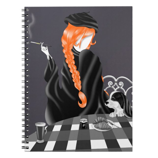 Dog & Lady in French café orange Notebook (Front)