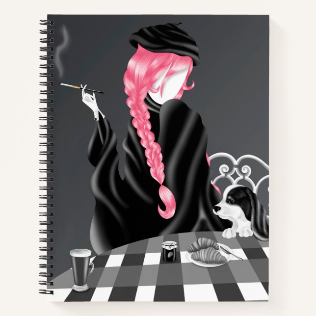 Dog & Lady in French café   pink Notebook (Front)