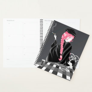 Dog & Lady in French café Pink Planner