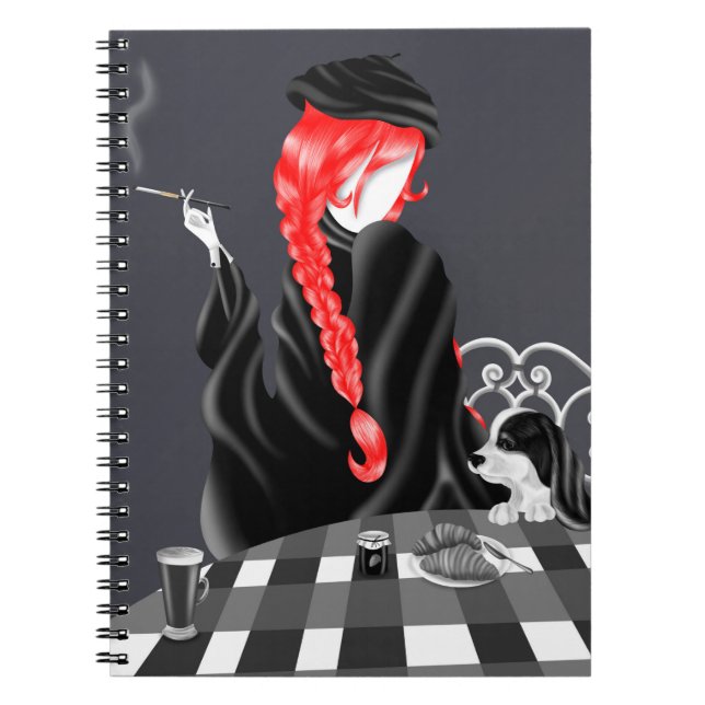 Dog & Lady in French café  red Notebook (Front)