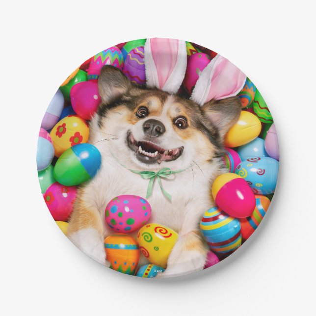 Dog Laying on Easter Eggs Paper Plate (Front)