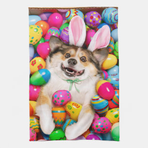 Dog Laying on Easter Eggs Tea Towel