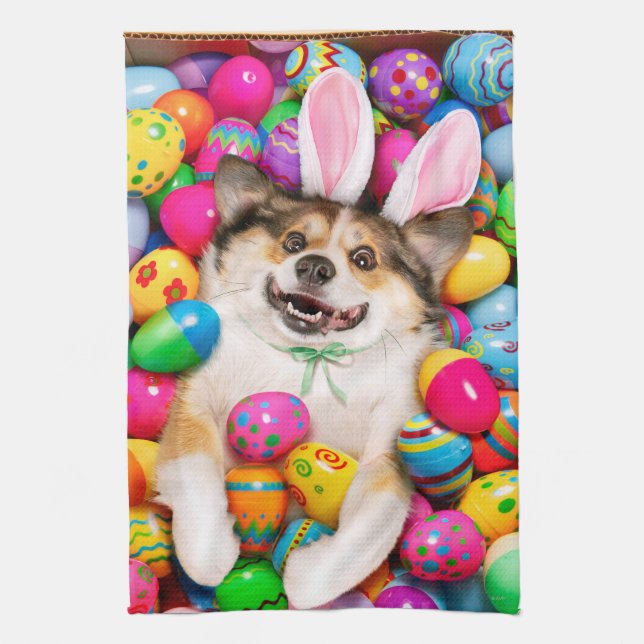 Dog Laying on Easter Eggs Tea Towel (Vertical)