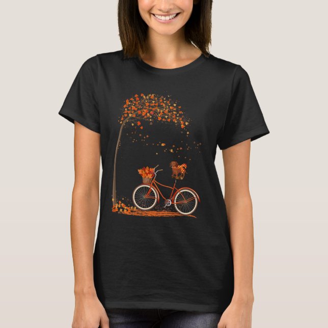 Dog Leaf Fall Autumn Cycling Fun Dachshund Lover  T-Shirt (Front)
