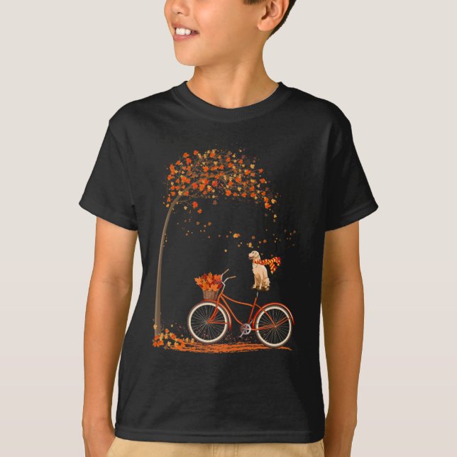 Dog Leaf Fall Autumn Cycling Fun Golden Retriever  T-Shirt (Front)