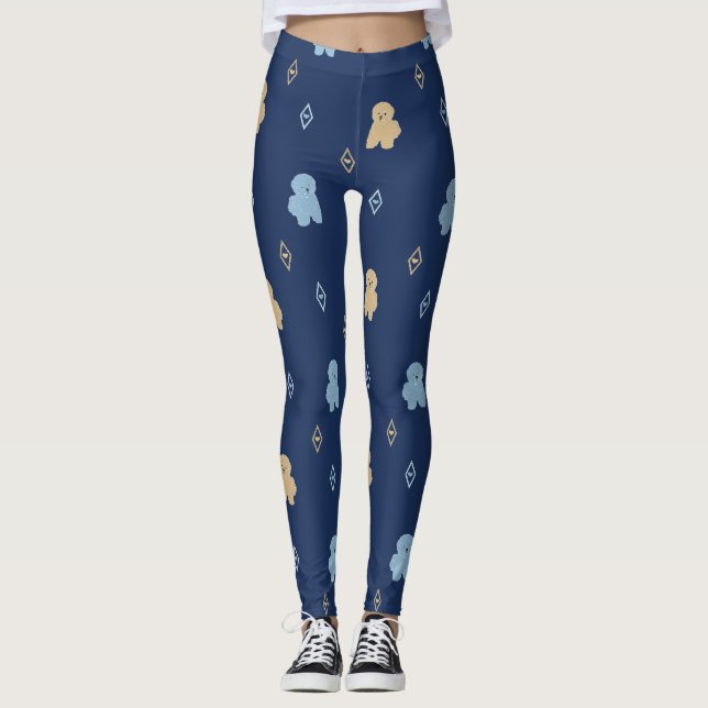 Dog Lhasa Apso pattern blue background Leggings (Front)