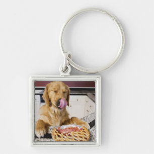 Dog licking nose after eating cherry pie in key ring