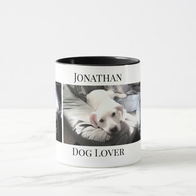 Dog Lover 3 Photo Cute Puppy Custom Name Mug (Center)
