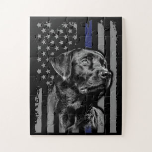 Dog Lover   Black Labrador American Flag Thin Line Jigsaw Puzzle