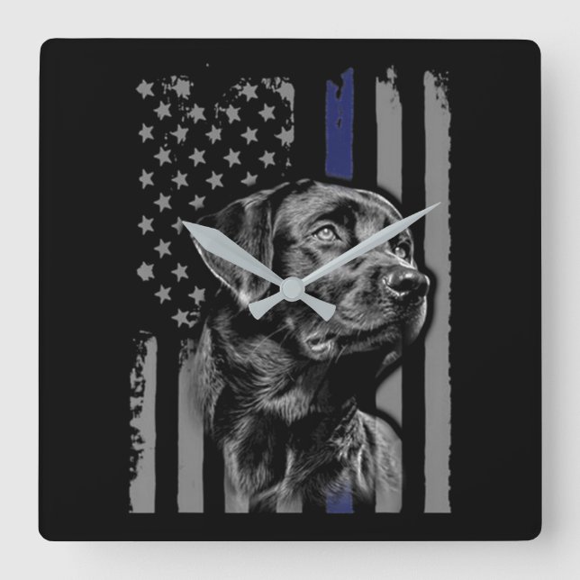 Dog Lover | Black Labrador American Flag Thin Line Square Wall Clock (Front)