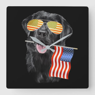 Dog Lover Black Labrador USA American Flag Square Wall Clock