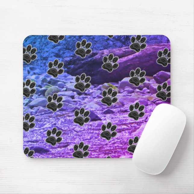 Dog Lover Blue Purple Clouds Black Puppy Paw Print Mouse Pad (With Mouse)