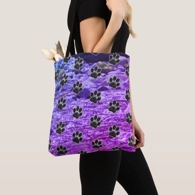 Dog Lover Blue Purple Clouds Black Puppy Paw Print Tote Bag (Close Up)
