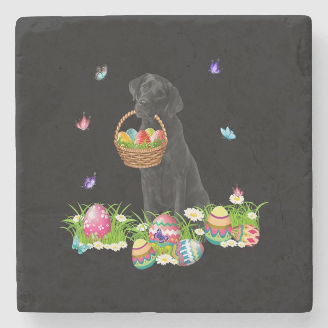 Dog Lover | Bunny Black Labrador Dog & Easter Eggs Stone Coaster (Front)