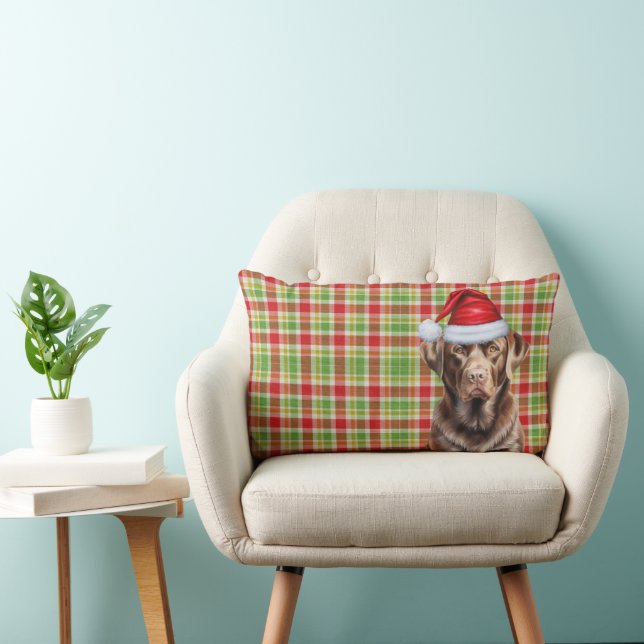 Dog Lover Chocolate Labrador Red Plaid Holiday Lumbar Cushion (Chair)