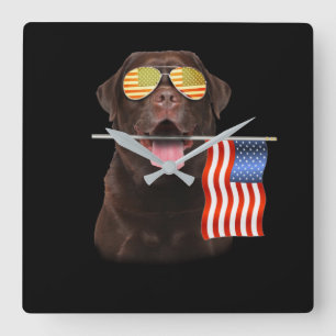 Dog Lover Chocolate Labrador USA American Flag Square Wall Clock