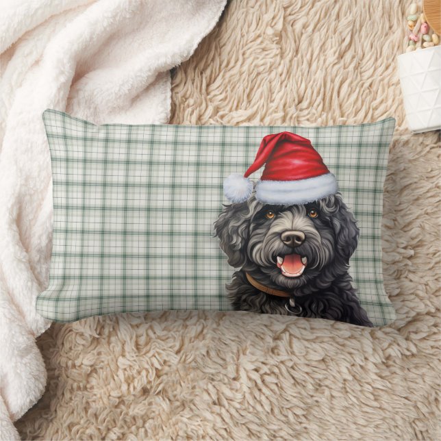 Dog Lover Christmas Barbet Green Plaid Lumbar Cushion (Blanket)