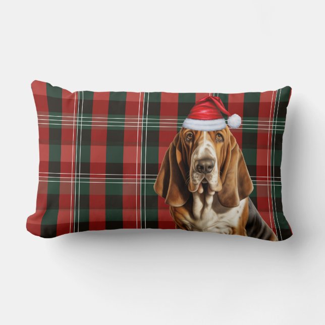 Dog Lover Christmas Basset Hound Holiday Plaid Lumbar Cushion (Front)
