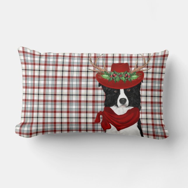 Dog Lover Christmas Border Collie Western Plaid Lumbar Cushion (Front)