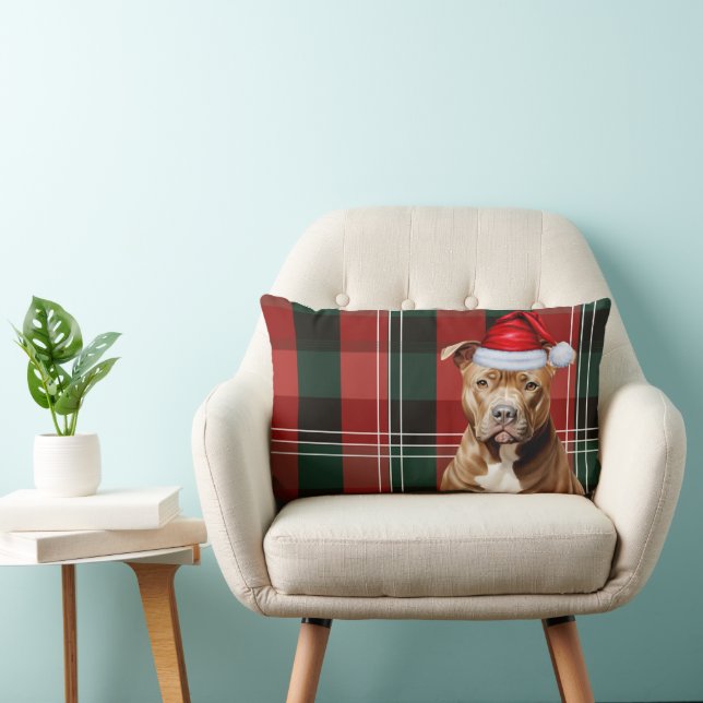 Dog Lover Christmas Brown Pitbull Holiday Plaid Lumbar Cushion (Chair)