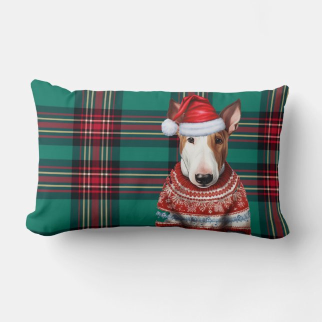 Dog Lover Christmas Bull Terrier Holiday Plaid Lumbar Cushion (Front)
