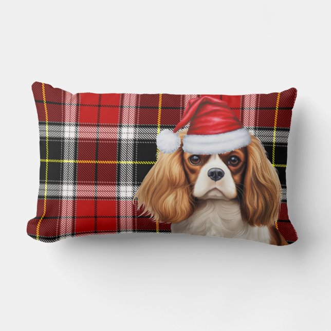 Dog Lover Christmas Cavalier Spaniel Festive Plaid Lumbar Cushion (Front)