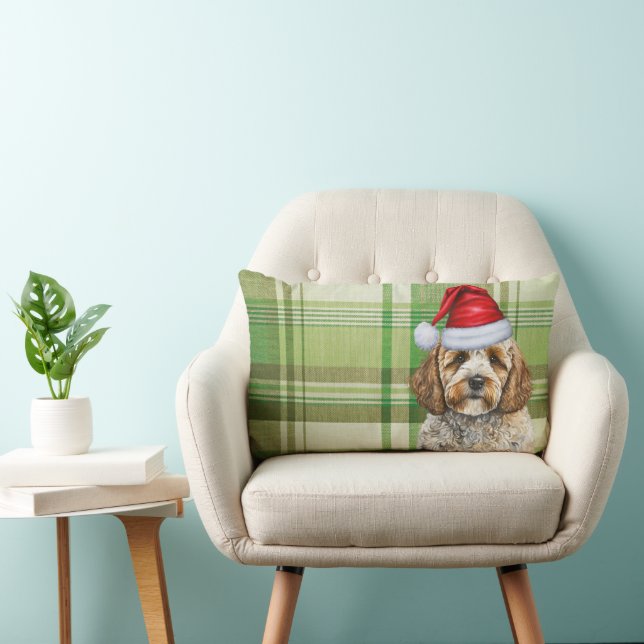 Dog Lover Christmas Cockapoo Green Holiday Plaid Lumbar Cushion (Chair)