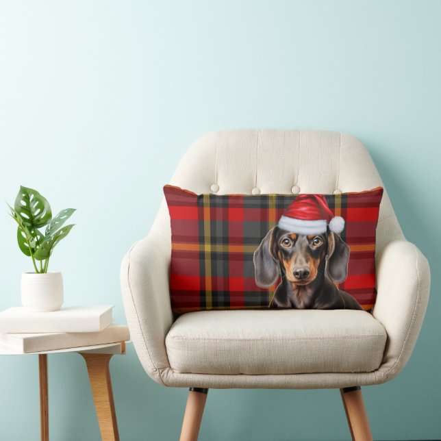 Dog Lover Christmas Dachshund Red Holiday Plaid Lumbar Cushion (Chair)