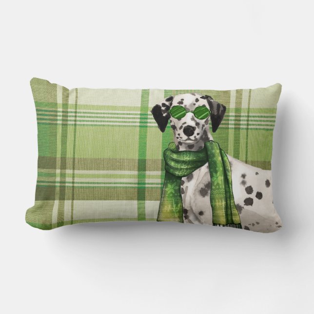 Dog Lover Christmas Dalmatian and Green Plaid Lumbar Cushion (Front)