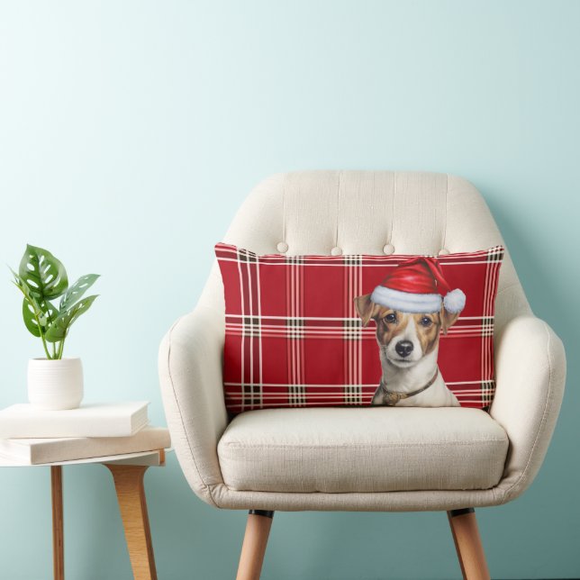 Dog Lover Christmas Jack Russell and Holiday Plaid Lumbar Cushion (Chair)