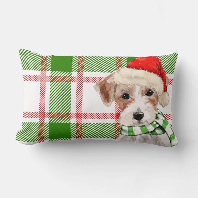 Dog Lover Christmas Jack Russell Terrier Plaid Lumbar Cushion (Front)