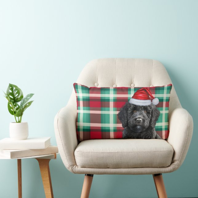 Dog Lover Christmas Labradoodle and Holiday Plaid Lumbar Cushion (Chair)