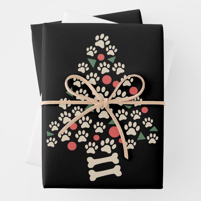 Dog Lover Christmas Paw Tree Paws Holiday Gift Wrapping Paper Sheet (In situ)
