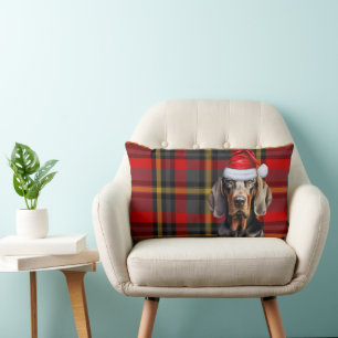 Dog Lover Christmas Red Black Coonhound Plaid Lumbar Cushion