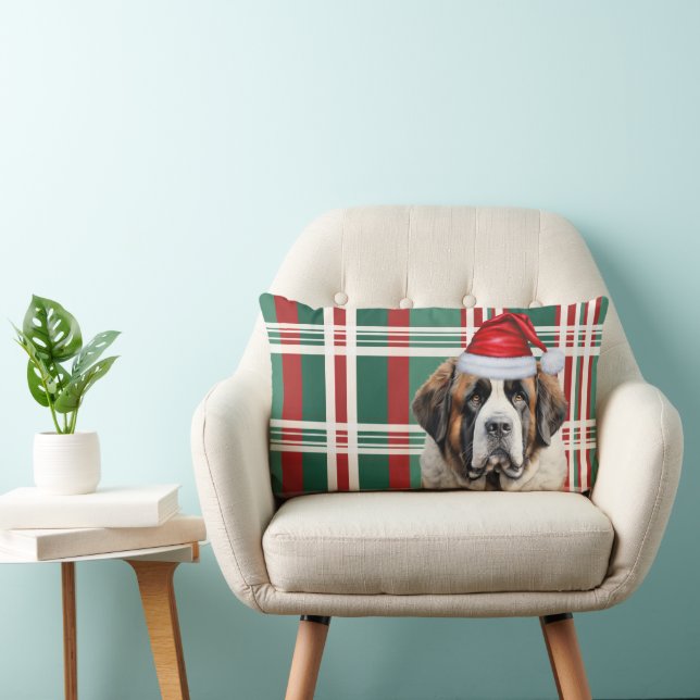 Dog Lover Christmas Saint Bernard Holiday Plaid Lumbar Cushion (Chair)