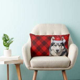 Dog Lover Christmas Siberian Husky Holiday Plaid Lumbar Cushion