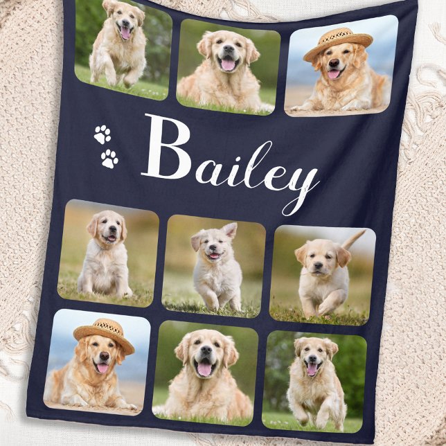 Dog Lover Custom Pet Photo Collage Monogram Name Fleece Blanket (Creator Uploaded)