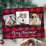 Dog Lover Custom Pet Photo Red Plaid Christmas Holiday Card<br><div class="desc">We Woof You A Merry Christmas! Send cute and fun holiday greetings with this super cute personalised custom pet photo holiday card. Merry Christmas wishes from the dog with cute paw prints in a fun modern photo collage design. Add your dog's photos or family photos with the dog, and personalise...</div>