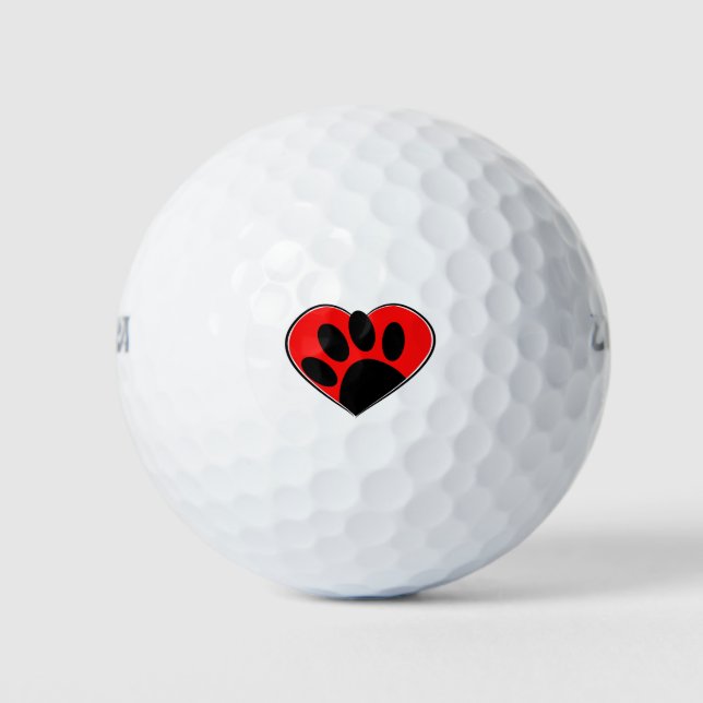 Dog Lover Paw Print And Red Heart Golf Balls (Front)