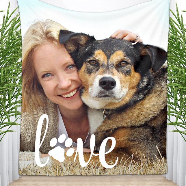 Dog Lover Personalised Pet Photo LOVE Paw Print Fleece Blanket (Creator Uploaded)