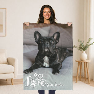 Dog Lover Photo LOVE YOU NAME Paw Prints Heart Fleece Blanket