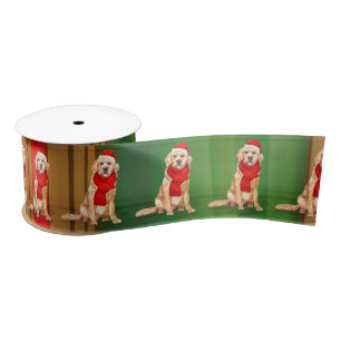 Dog Lover Plaid and Golden Retriever Christmas Satin Ribbon
