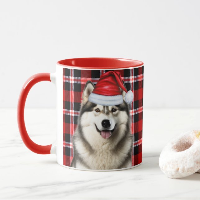Dog Lover's Alaskan Malamute Holiday Plaid Mug (With Donut)
