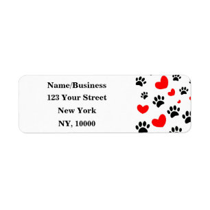Dog Lovers Black Paw Prints Red Hearts Editable Return Address Label