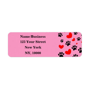 Dog Lovers Black Paw Prints Red Hearts Pattern Return Address Label