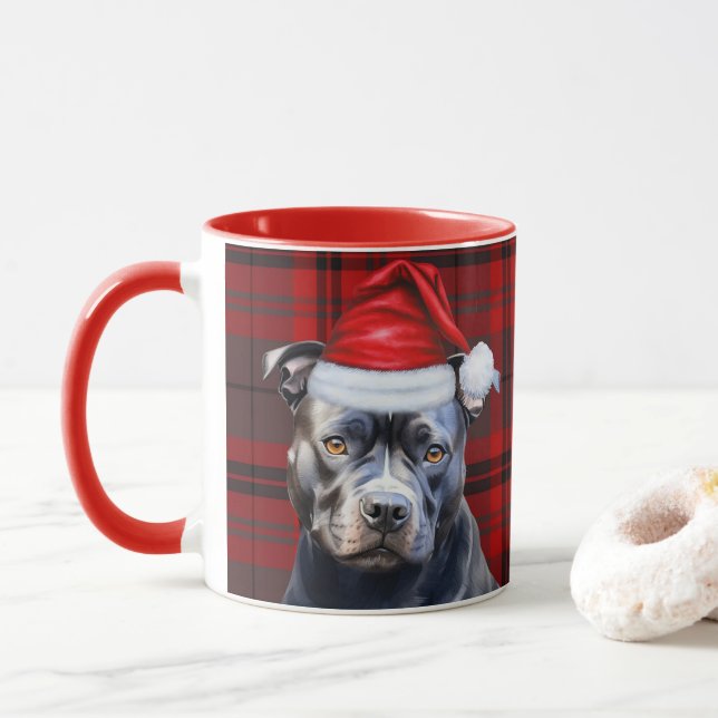 Dog Lover's Bluenose Pitbull Holiday Red Plaid Mug (With Donut)