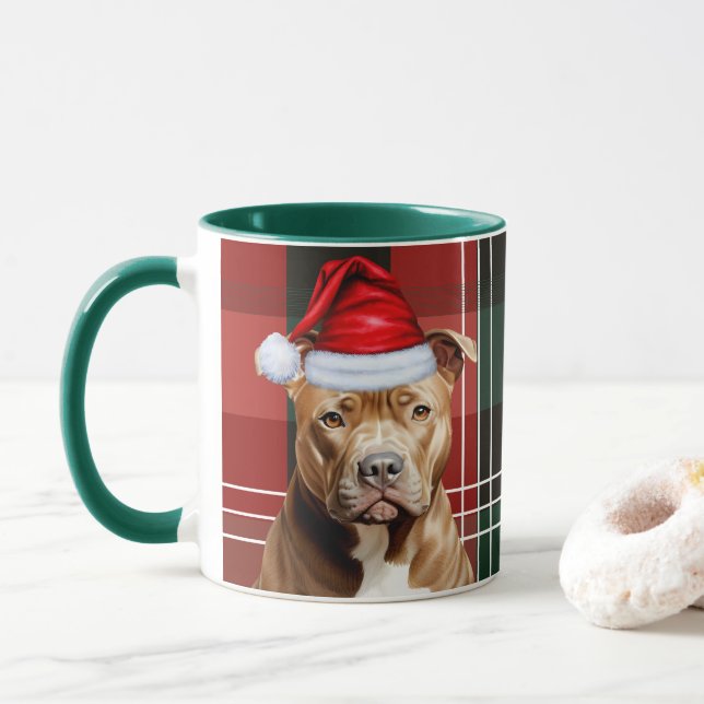 Dog Lover's Brown Pitbull Holiday Red Green Plaid Mug (With Donut)