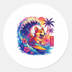 Dog Lovers Japanese Corgi Surfing Great Wave Japan Classic Round Sticker