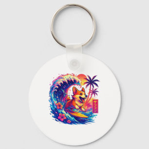 Dog Lovers Japanese Corgi Surfing Great Wave Japan Key Ring