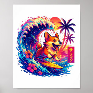 Dog Lovers Japanese Corgi Surfing Great Wave Japan Poster